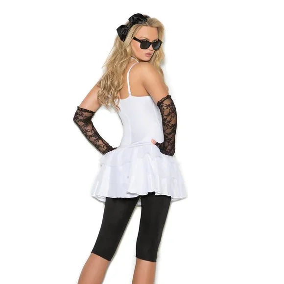 Woman wearing 80’s rock star costume showing layered skirt and hair bow (back view)