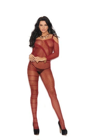 A brunette female with long hair wearing a sexy burgundy color long sleeve bodystocking with cold shoulder cut-out with a square neckline and sheer burnout design. Offers a form-fitting silhouette and open crotch.