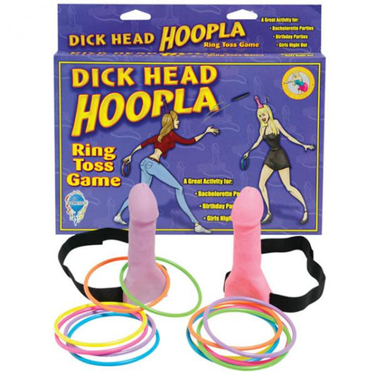 Dick head hoopla is a great ring toss game for any girls night out or bachlorette party.  Just strap the plastic dong on your head and take turns trying to get the ring on the penis!
