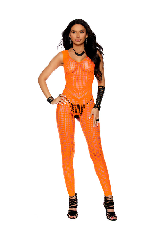 A model strikes a pose in a neon orange bodystocking, emphasizing the eye-catching color, the daring crotchless design, and its ability to make a statement.