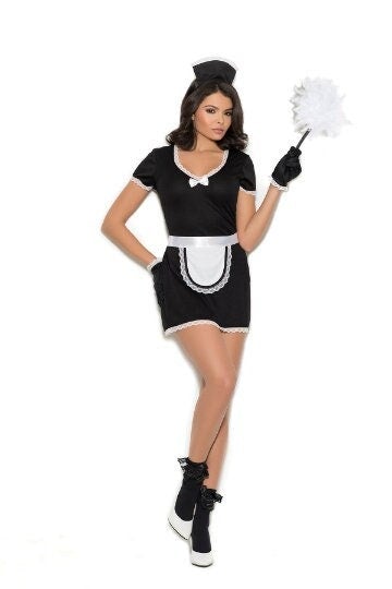 Woman wearing a maid costume that is a black mini dress with a little white apron and black gloves, all with white lace trim along with a black with trim head piece.