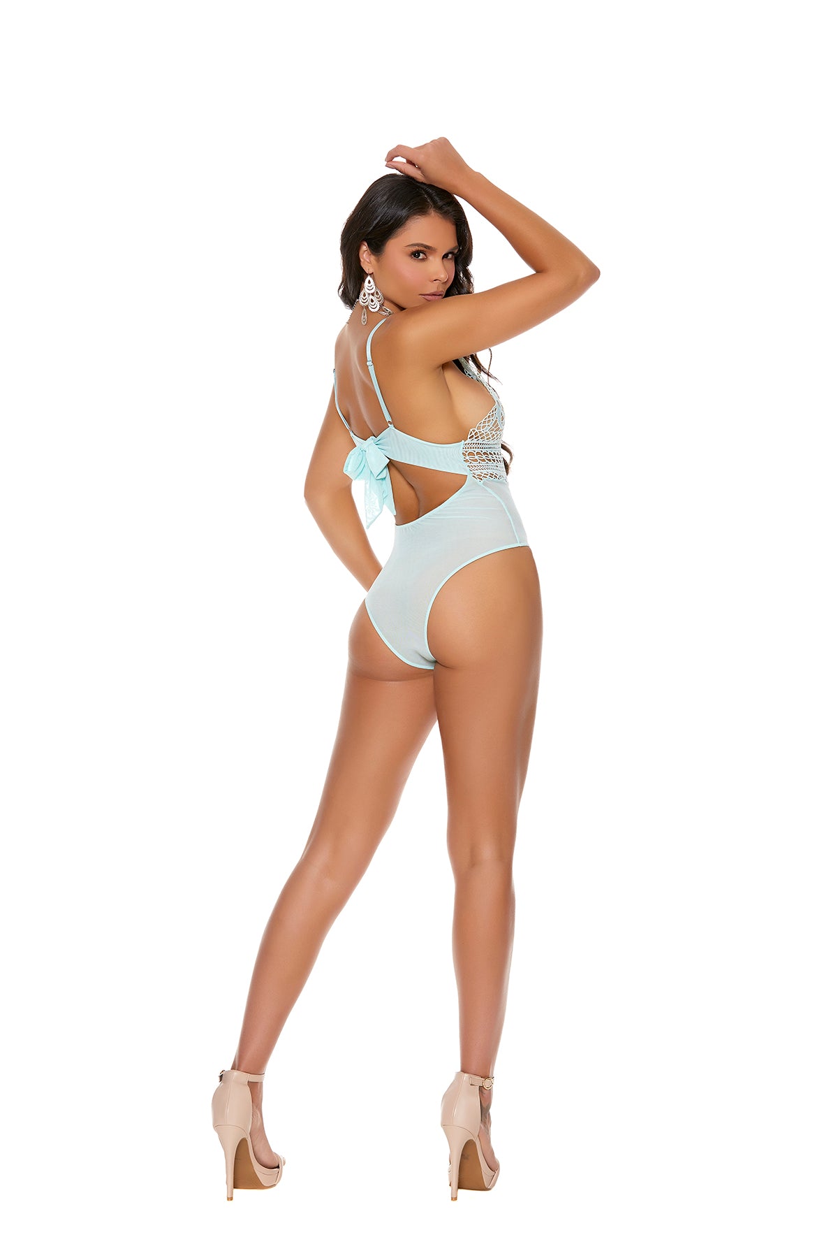 Back view of a mint green crochet teddy featuring sheer lace bodice with triangle cups, adjustable straps, tie back closure, crochet lace underbust, high-cut legs for a lengthening effect, snap crotch for convenience, and a cheeky cut back.