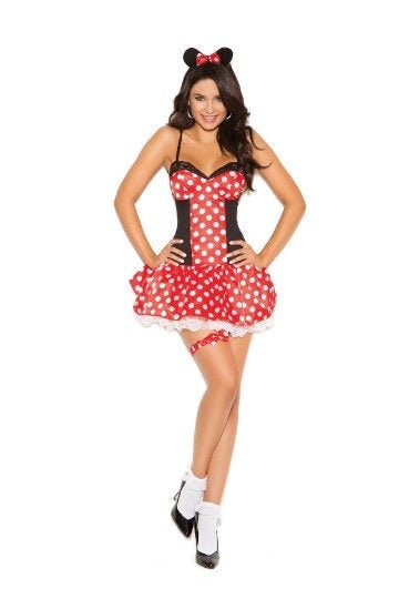 Red and white polka dot mini dress with black lace trim, matching ears headband, and leg garter. This Miss Mouse costume is perfect for Halloween, cosplay, or themed events. Socks not included.