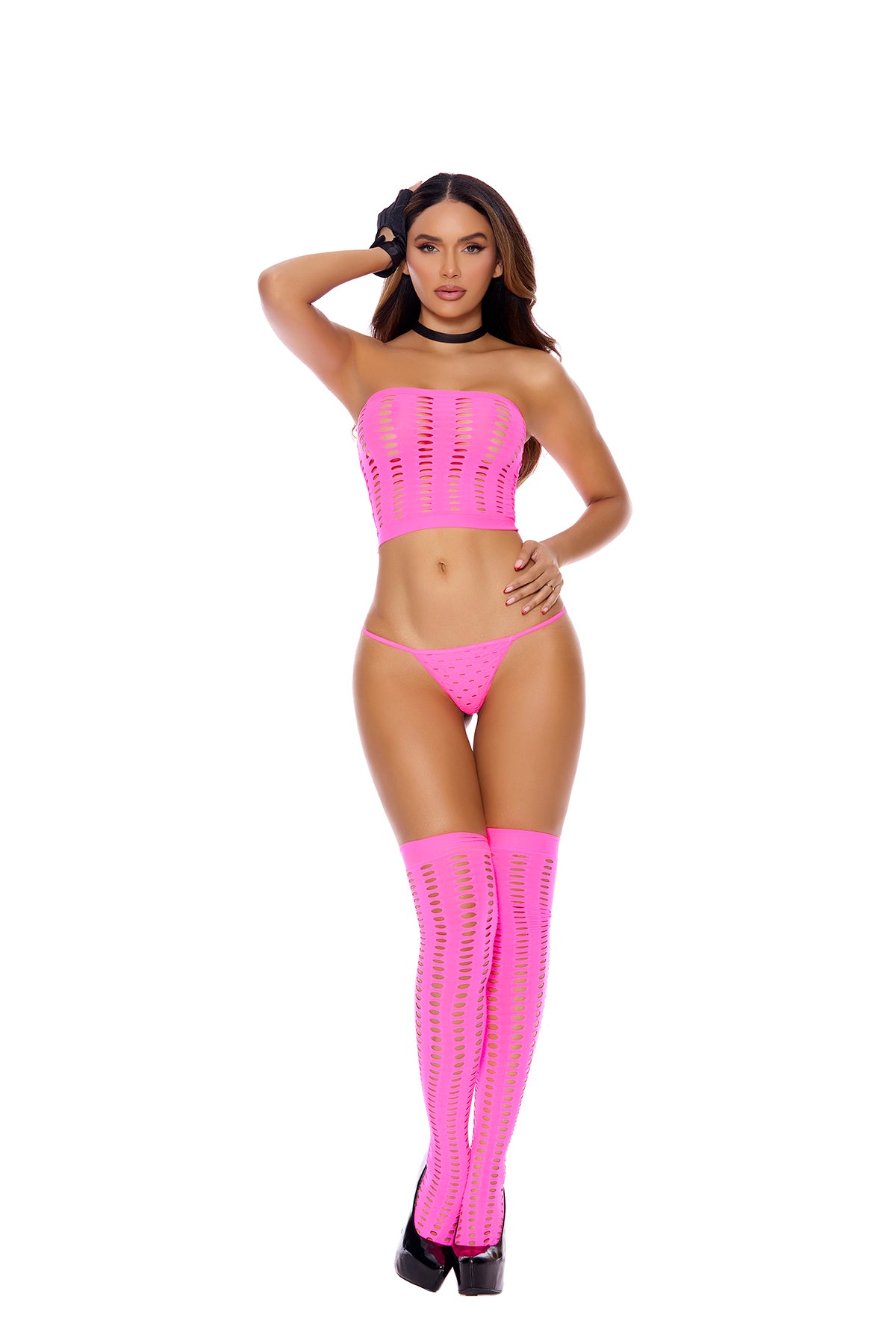 Front view of neon pink bandeau top and stocking set with G-string – one size