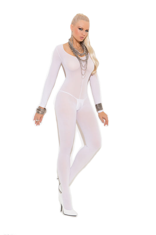 Form-fitting, opaque white long sleeve bodystocking made from comfortable mesh fabric. Features long sleeves and an open crotch. Model standing confidently. Available in white, black, and nude. One Size Fits Most.