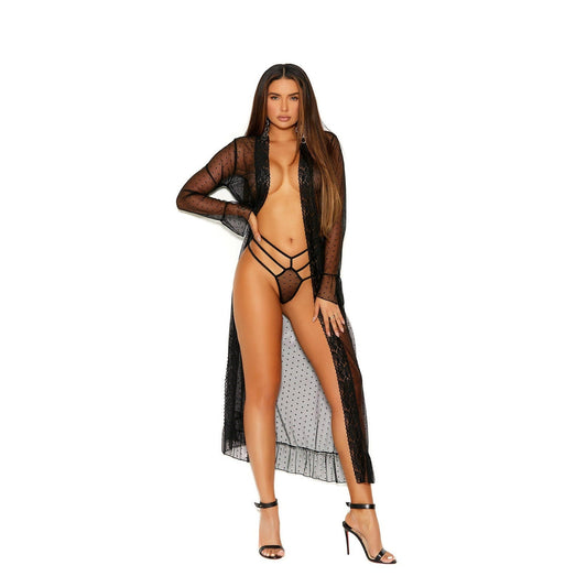 Sexy dotted mesh long robe that comes with matching robe and stappy thong! Perfect for a non-traditional honeymoon piece of lingerie.