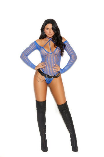 Seductive royal blue crochet teddy with off-the-shoulder design and long sleeves.