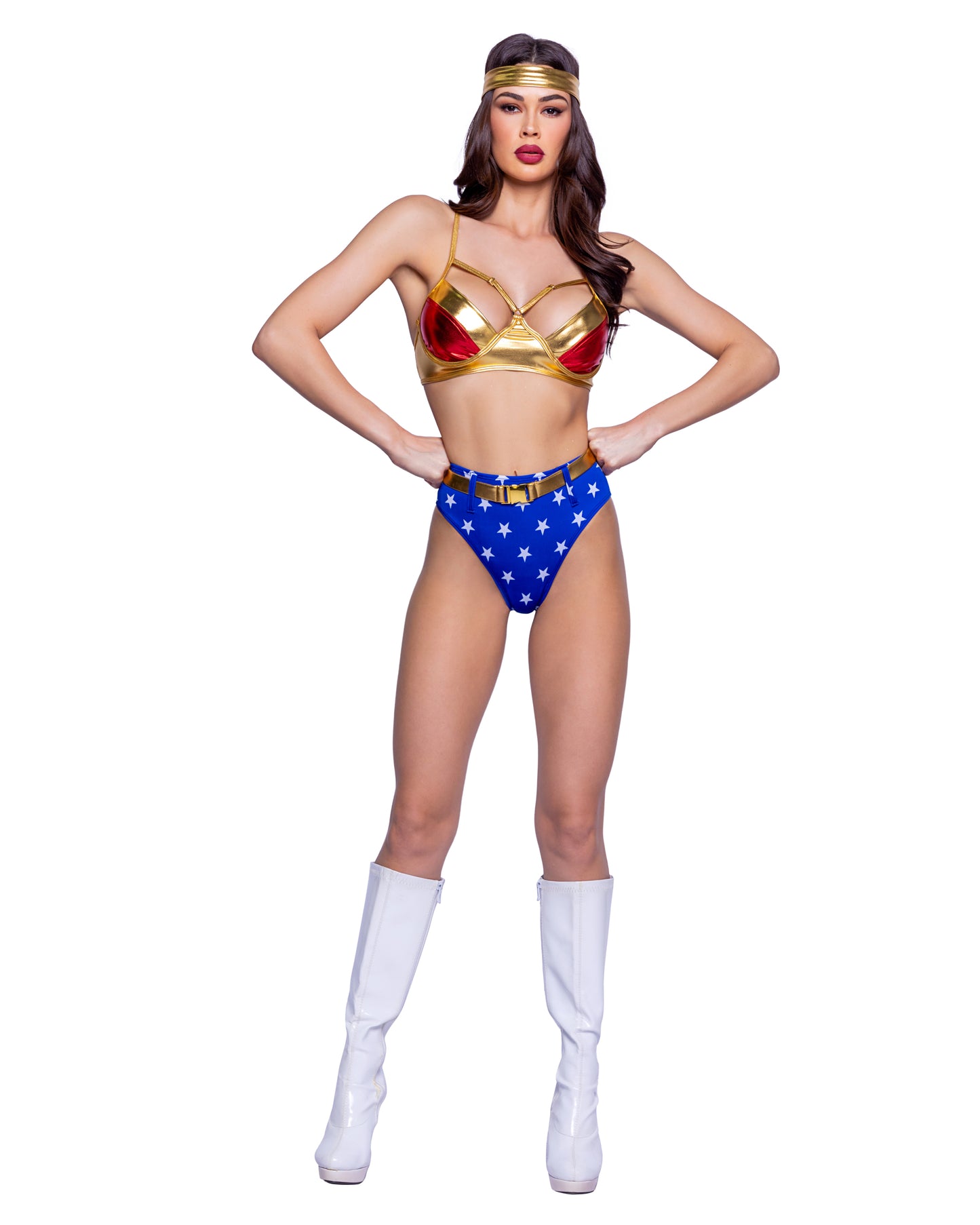 Woman wearing Wonder Power superhero costume, front view with gold bra and blue star shorts
