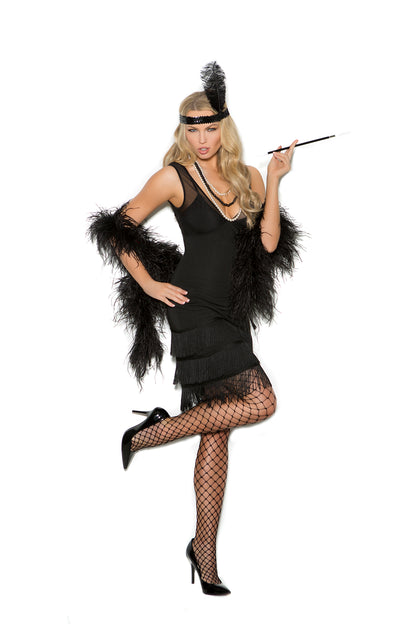 Model wearing black flapper costume with fringe dress and feather headpiece front view