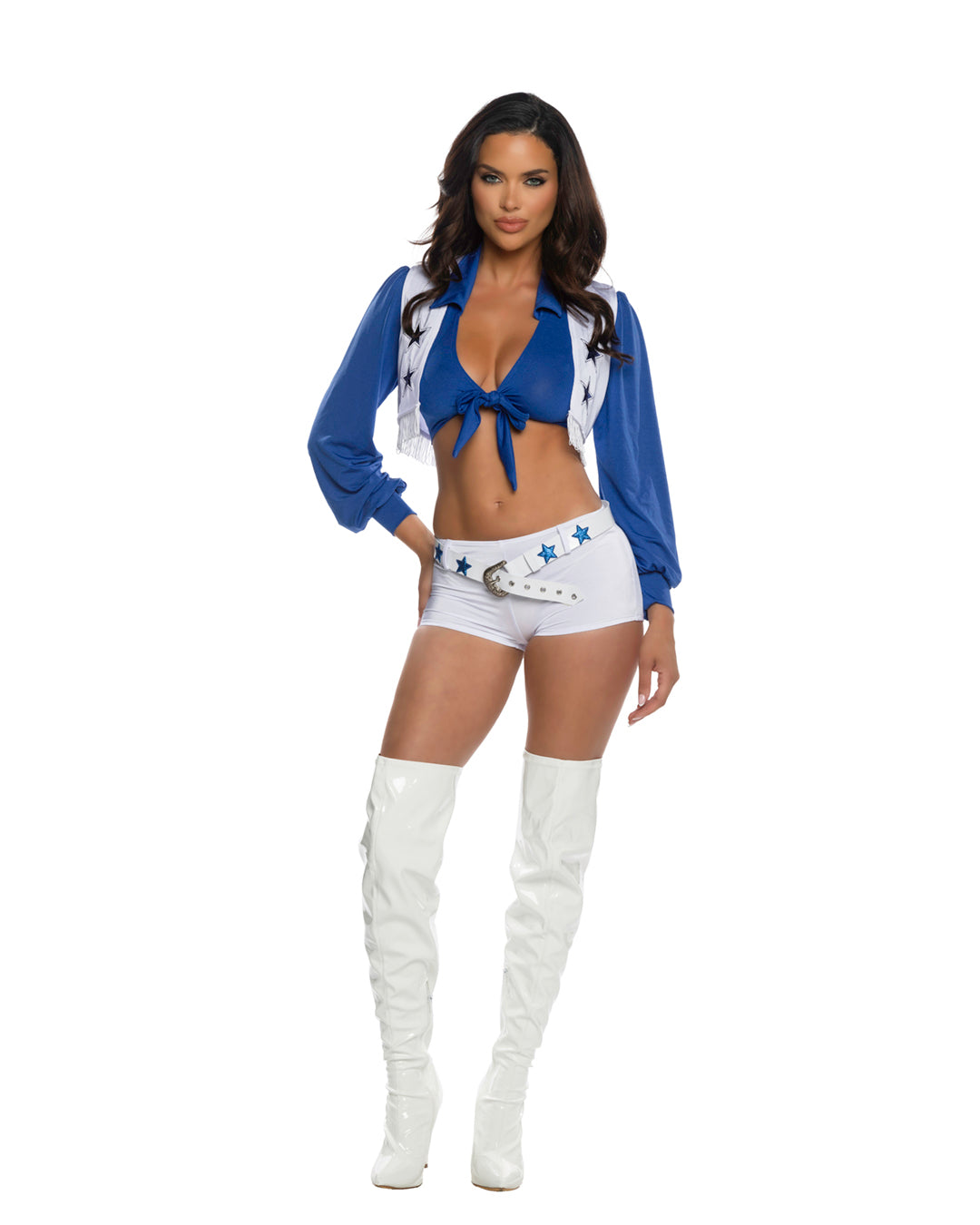 Sexy Dallas-inspired 4 piece cheerleader set with vest and belt.