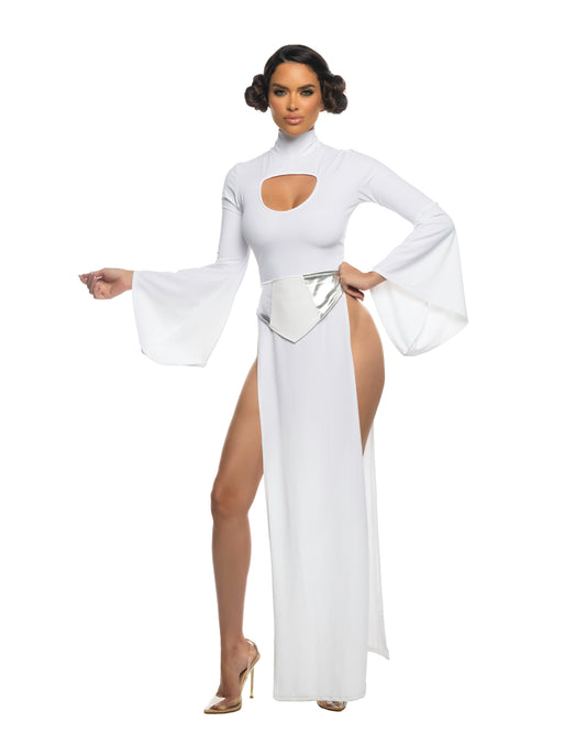 Woman wearing Far Off Galaxy Heroine Costume with bell sleeves and metallic belt front view.