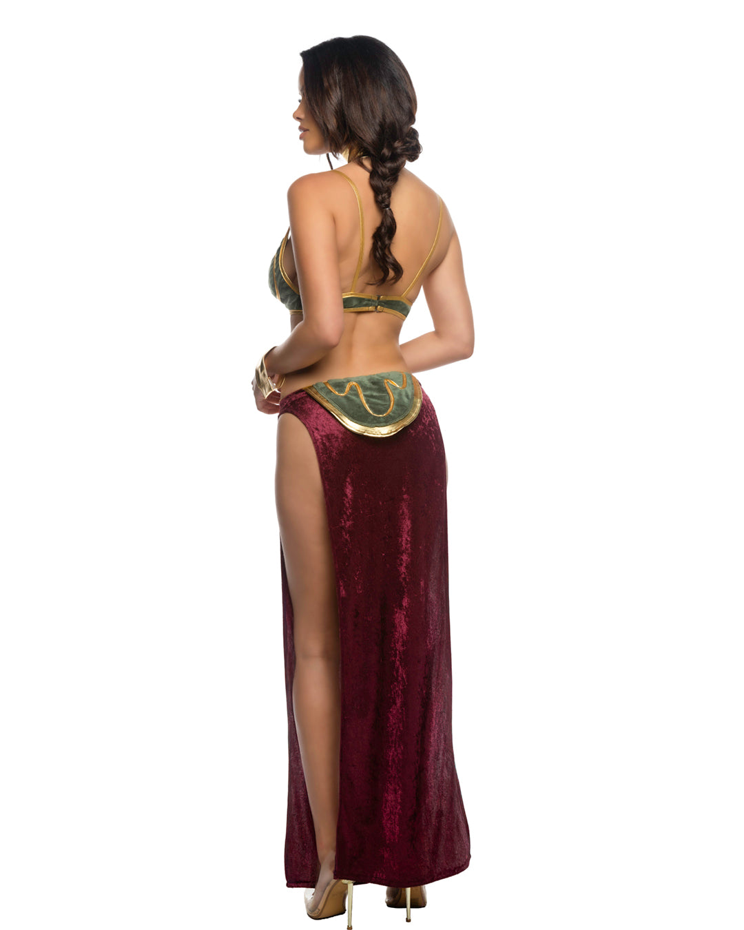 Back view of Far Off Galaxy Princess costume showing side slit velvet skirt