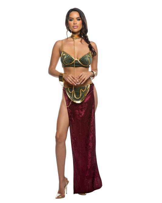 Front view of Far Off Galaxy Princess costume with metallic bra top and burgundy skirt.