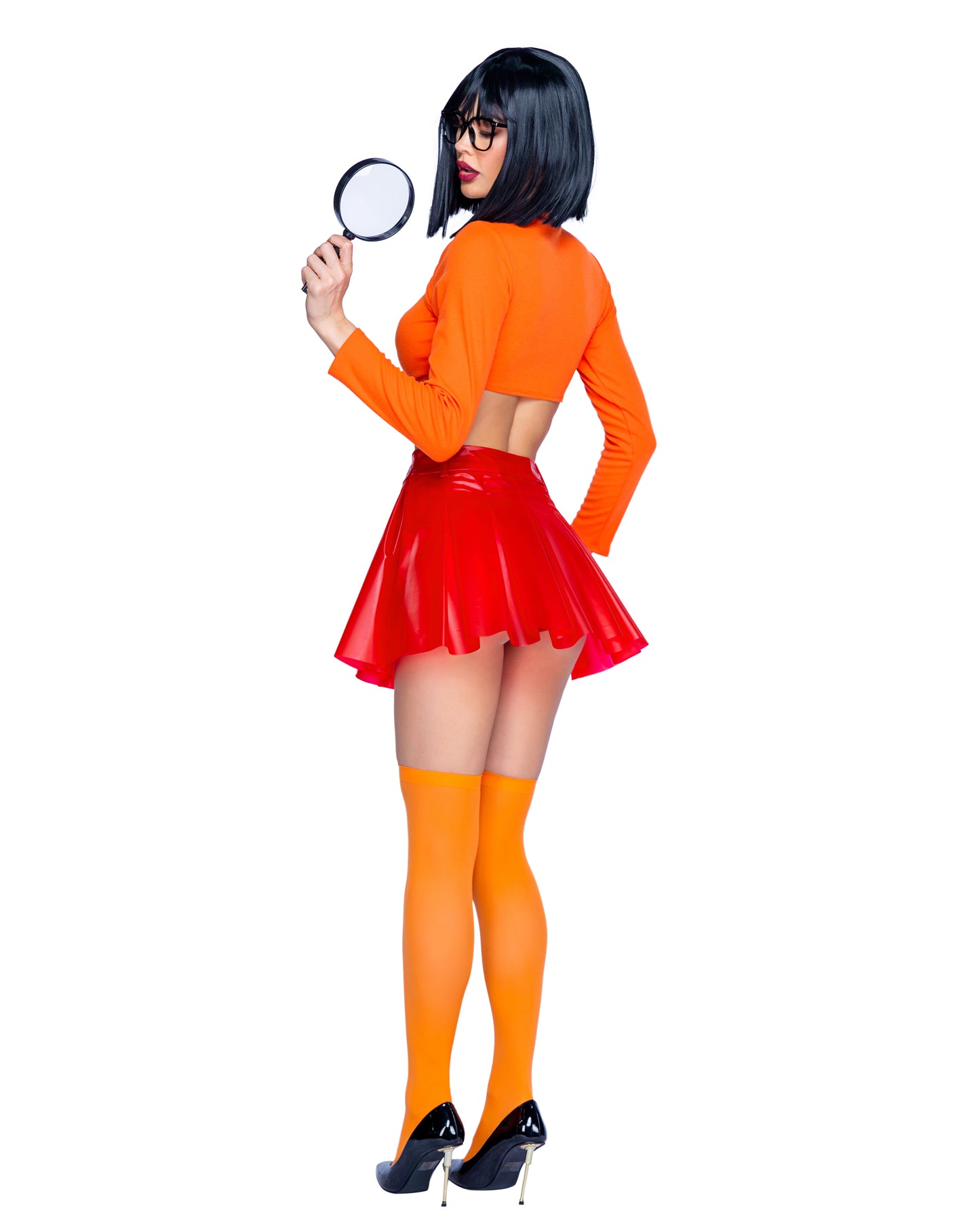 Back view of Mystery Solving Babe Costume with pleated mini skirt.