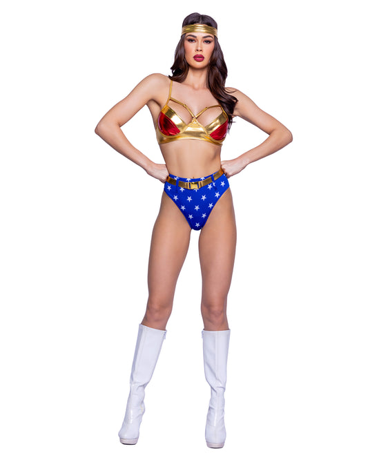 Woman wearing Wonder Power superhero costume, front view with gold bra and blue star shorts